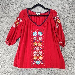 A&A Top Womens XL Red Floral Embroidered V Neck Peasant Blouse